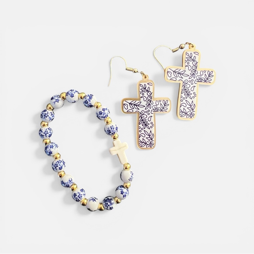 Cross Earrings and Beaded Bracelet Set - Blue, White, Gold - Picture 5 of 7